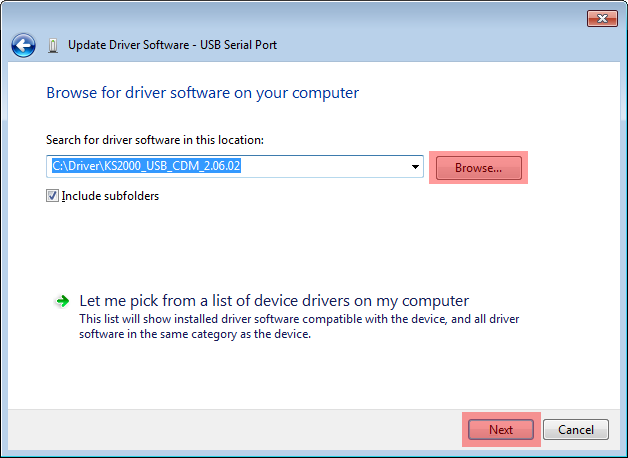 Browse to folder for driver software